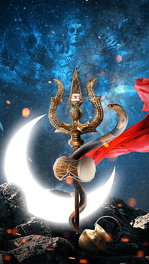 Lord Shiva Trishul and Crescent Moon with Snake and Damaru in Cosmic Setting HD phone wallpaper