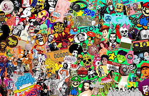 Vibrant Pop Culture Collage Featuring 90s Icons, Graffiti, and Street Art Elements HD wallpaper