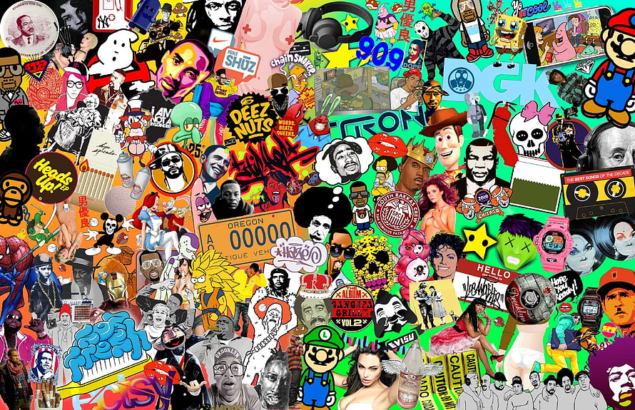 Vibrant Pop Culture Collage Featuring 90s Icons, Graffiti, and Street Art Elements HD wallpaper