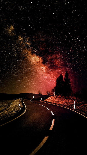 Winding Country Road Under a Starry Night Sky with the Milky Way HD phone wallpaper