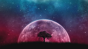 Lone Tree Silhouette Before a Massive Pink Planet in a Starry Nebula Sky HD wallpaper