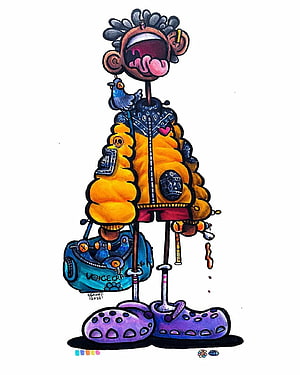 Gawx Doodle Art: Whimsical Character in Puffy Jacket and Crocs HD phone wallpaper