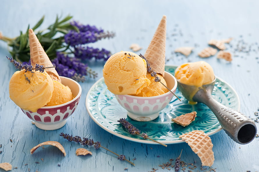 Lavender Ice Cream Served in Decorative Bowls with Waffle Cones and Fresh Sprigs HD wallpaper
