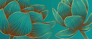 Elegant teal and gold lotus flower line art with intricate petal details on a deep turquoise background HD wallpaper