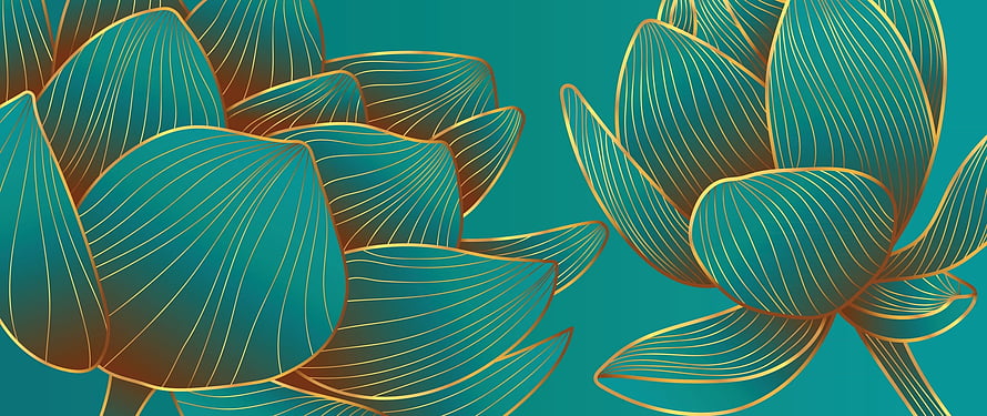 Elegant teal and gold lotus flower line art with intricate petal details on a deep turquoise background HD wallpaper