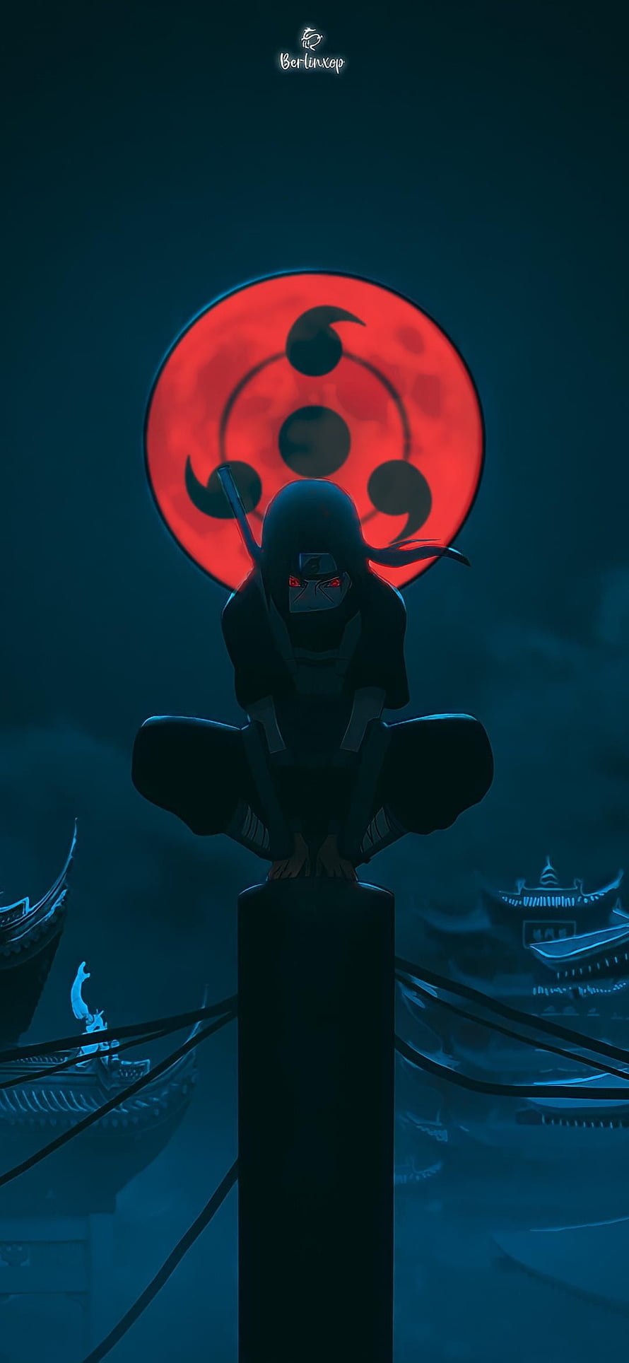 Itachi Uchiha Meditating Before a Blood Moon with Sharingan Symbol in Dark Anime Art HD phone wallpaper