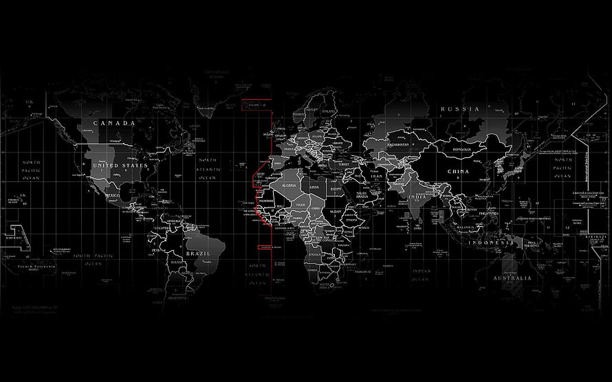 Dark World Map with Red Route Overlay and Country Labels HD wallpaper