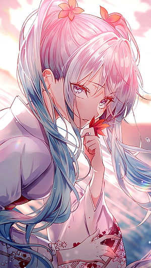 Anime Girl in Traditional Kimono Holding a Red Flower with Soft Pink Hair HD phone wallpaper
