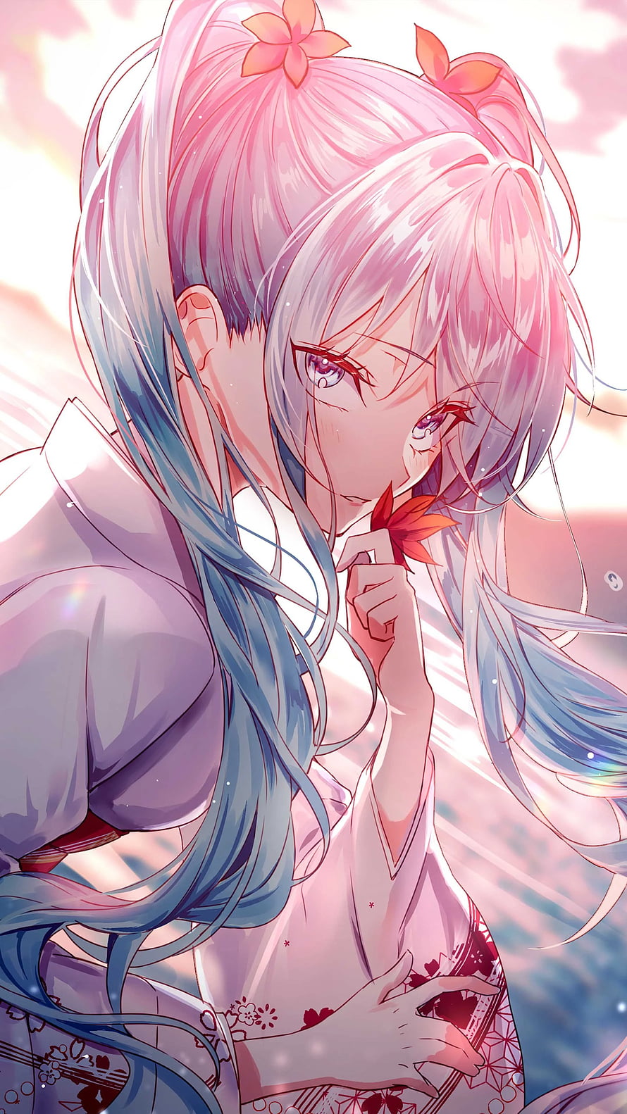 Anime Girl in Traditional Kimono Holding a Red Flower with Soft Pink Hair HD phone wallpaper