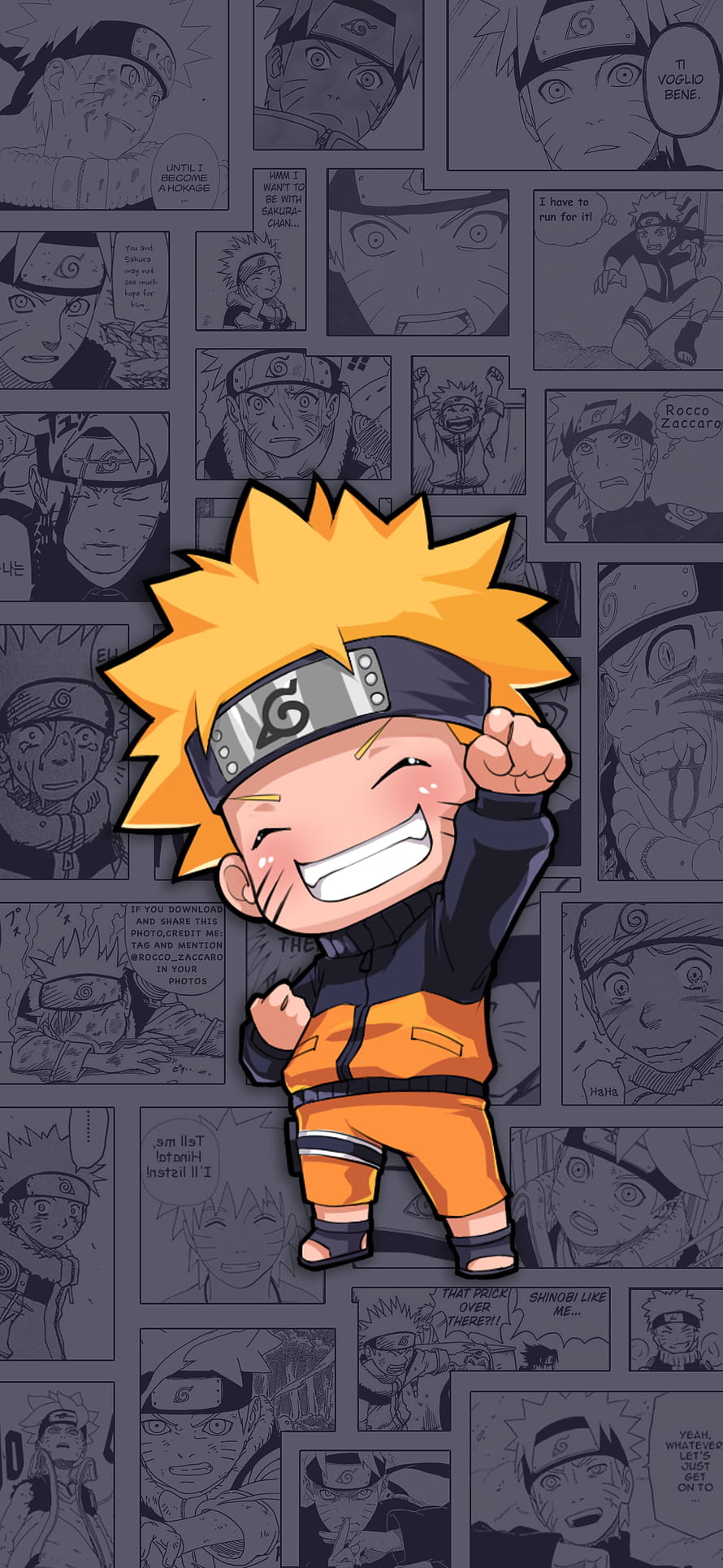 Chibi Naruto Uzumaki in Orange Jumpsuit with Konoha Headband on Manga Panel Background HD phone wallpaper