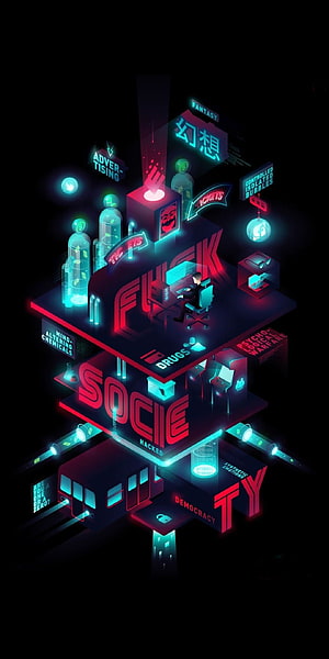 Mr Robot Cyberpunk Isometric Cityscape with Neon Red and Cyan Digital Elements HD phone wallpaper
