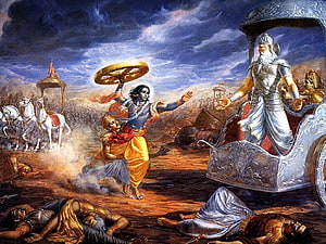 Arjuna and Krishna on the Battlefield of Kurukshetra from the Mahabharata HD wallpaper