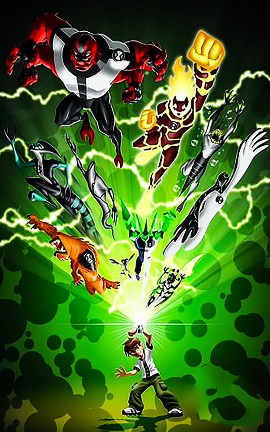 Ben 10 Alien Force Transformation Artwork with Multiple Aliens and Omnitrix Energy Burst HD phone wallpaper