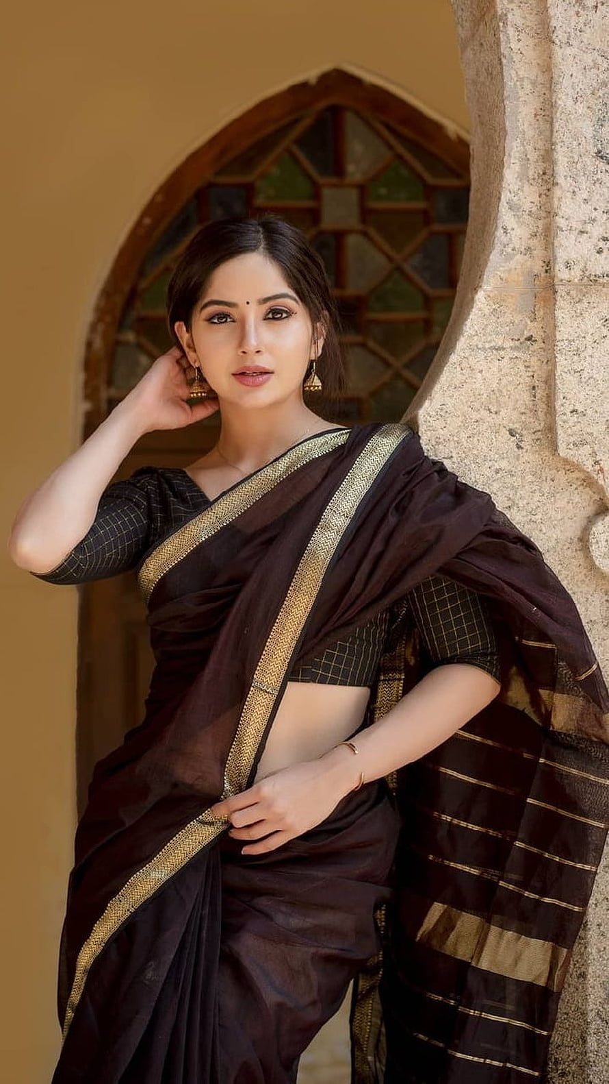 Kashmira Pardeshi in a dark brown saree with gold border posing by an arched window HD phone wallpaper