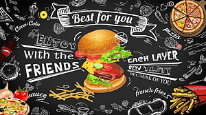 Chalkboard Fast Food Menu Design Featuring Burger, Pizza, and French Fries Illustration HD wallpaper