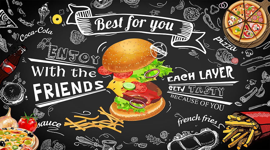 Chalkboard Fast Food Menu Design Featuring Burger, Pizza, and French Fries Illustration HD wallpaper