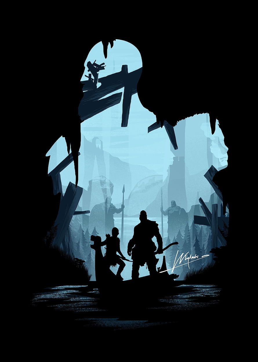 God of War Minimalist Silhouette Poster Featuring Kratos and Atreus in a Dark Forest HD phone wallpaper