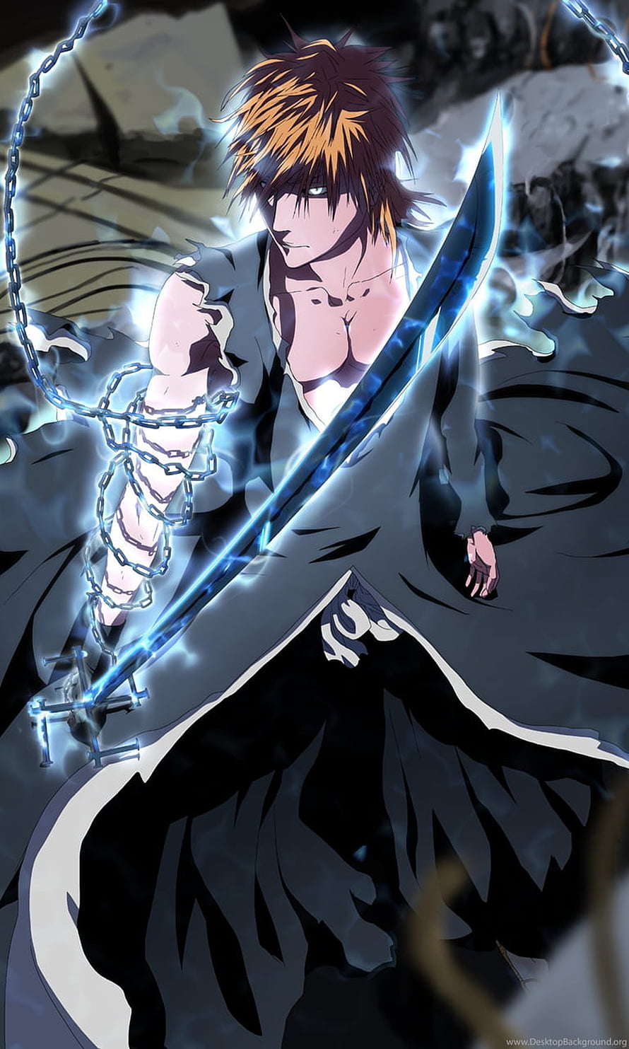 Ichigo Kurosaki Wielding Getsuga Tenshou in Bleach Anime Artwork HD phone wallpaper