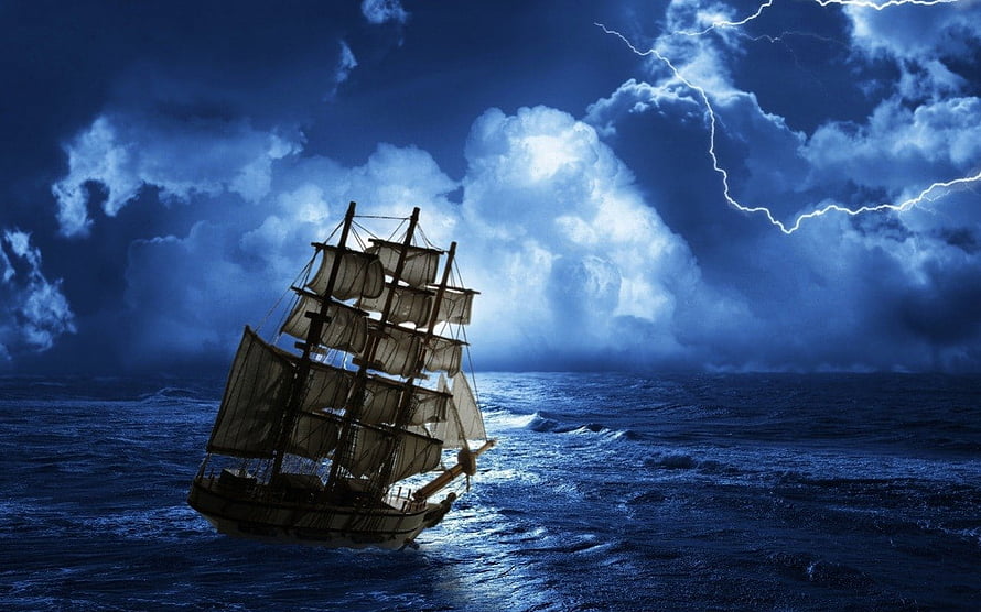 Tall Ship Battling a Violent Ocean Storm Under Lightning and Dark Clouds HD wallpaper