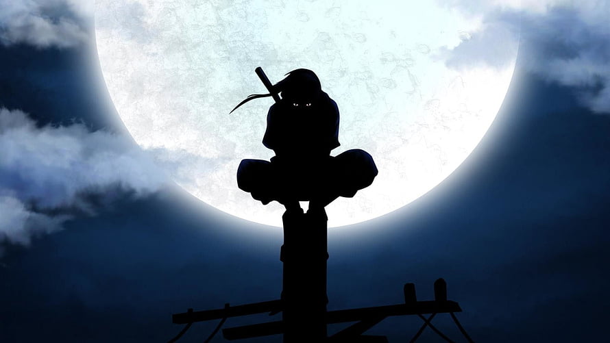 Silhouette of a Uchiha Clan Ninja Perched on a Post Against a Full Moon HD wallpaper