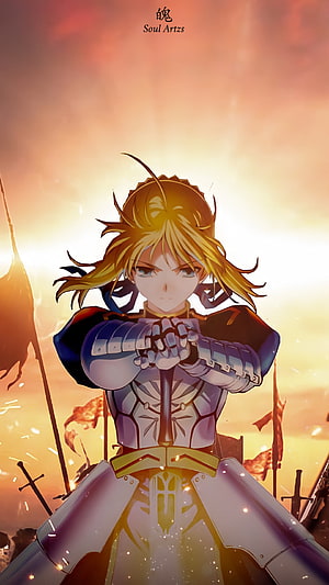 Saber from Fate Zero gripping a sword on a fiery battlefield at sunset HD phone wallpaper