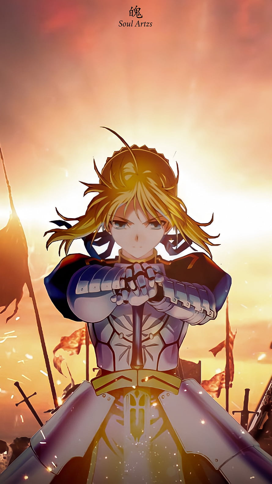 Saber from Fate Zero gripping a sword on a fiery battlefield at sunset HD phone wallpaper