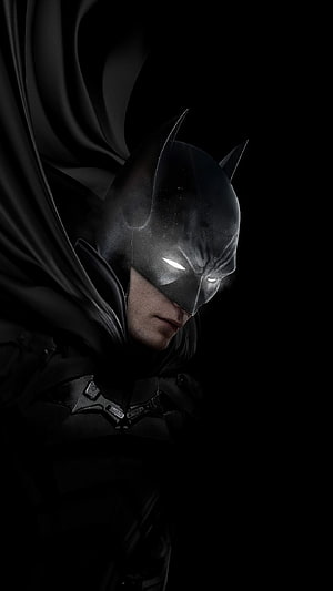 Batman Robert Pattinson Dark Cinematic Portrait with Glowing Eyes and Flowing Cape HD phone wallpaper