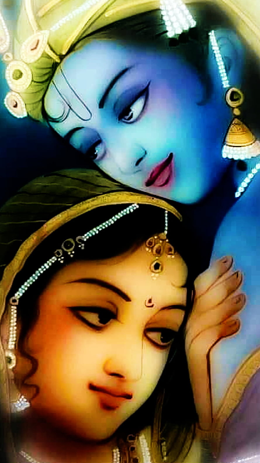 Radha Krishna Devotional Portrait with Traditional Indian Jewelry and Ornate Headwear HD phone wallpaper