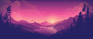 Pink Sunset Over Mountain Lake with Pine Trees in Minimalist Digital Art Style HD wallpaper