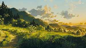 Studio Ghibli Countryside Landscape with Rolling Hills and Golden Sunset Light HD wallpaper