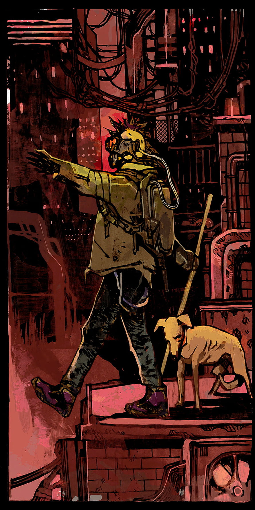 The Fool Tarot Card in Cyberpunk Style with Gas Mask and Dog HD phone wallpaper