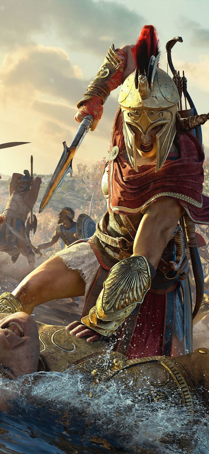 Spartan Warrior in Golden Armor Wielding Sword in Epic Battle Scene HD phone wallpaper