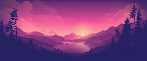 Firewatch Mountain Lake Sunset Panorama with Pine Forest Silhouettes HD wallpaper