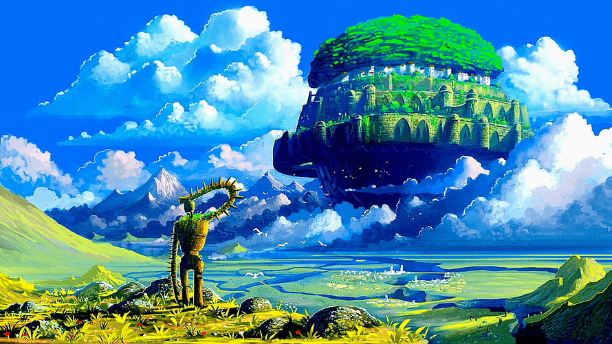 Laputa Castle in the Sky Floating Fortress and Ancient Statue in Vibrant Fantasy Landscape HD wallpaper