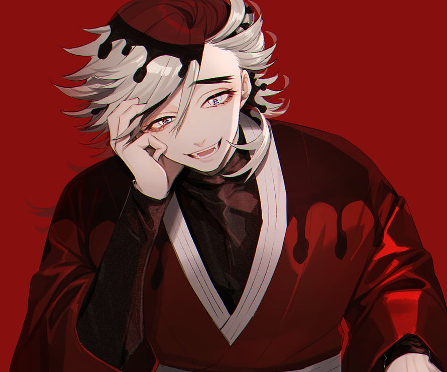 Douma from Demon Slayer in Dark Red Kimono with White Hair and Confident Smile HD wallpaper