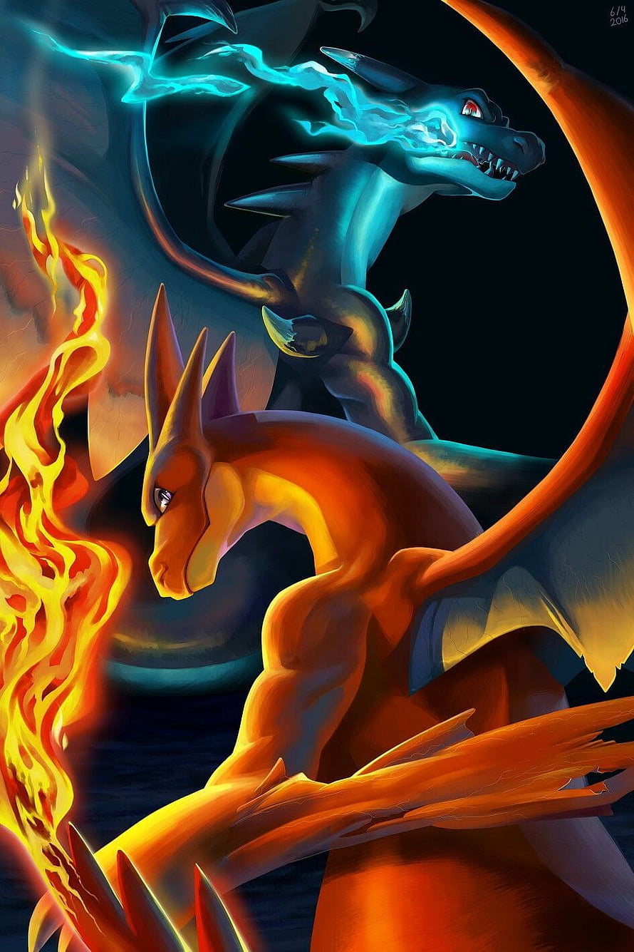Mega Charizard X and Y Dragon Forms with Fire and Ice Energy in Dramatic Fantasy Art HD phone wallpaper