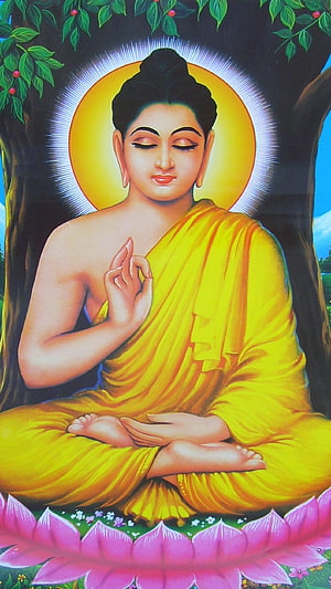 Gautam Buddha Meditating in Lotus Position Under Bodhi Tree with Golden Halo HD phone wallpaper