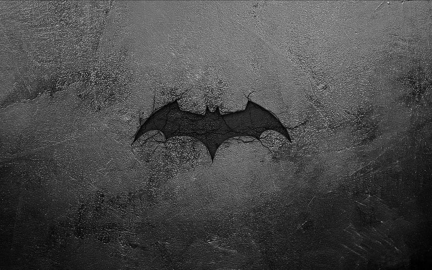 Grunge Batman Logo on Cracked Concrete Wall, Dark Monochrome Texture HD wallpaper