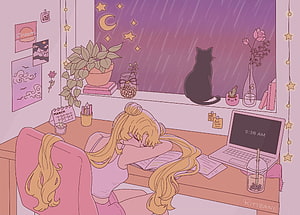 Sailor Moon Lofi Girl Studying at Desk with Black Cat and Rainy Night Window HD wallpaper