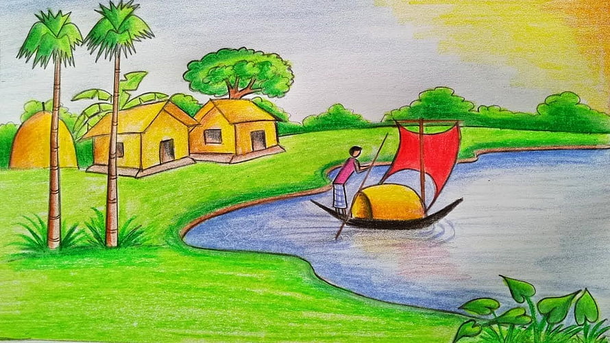 Hand-drawn rural village scene with a sailboat on a river, palm trees, and thatched huts in a colorful cartoon style HD wallpaper