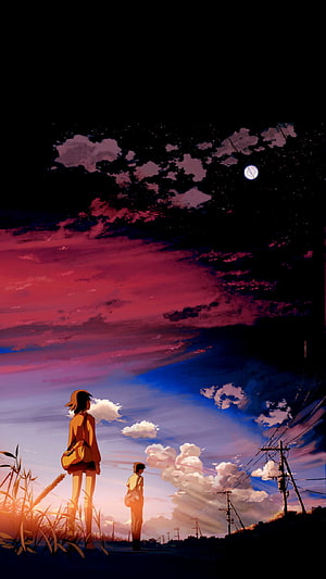 Two Figures Gazing at a Vibrant Sunset Sky in Centimeters Per Second Anime Style HD phone wallpaper