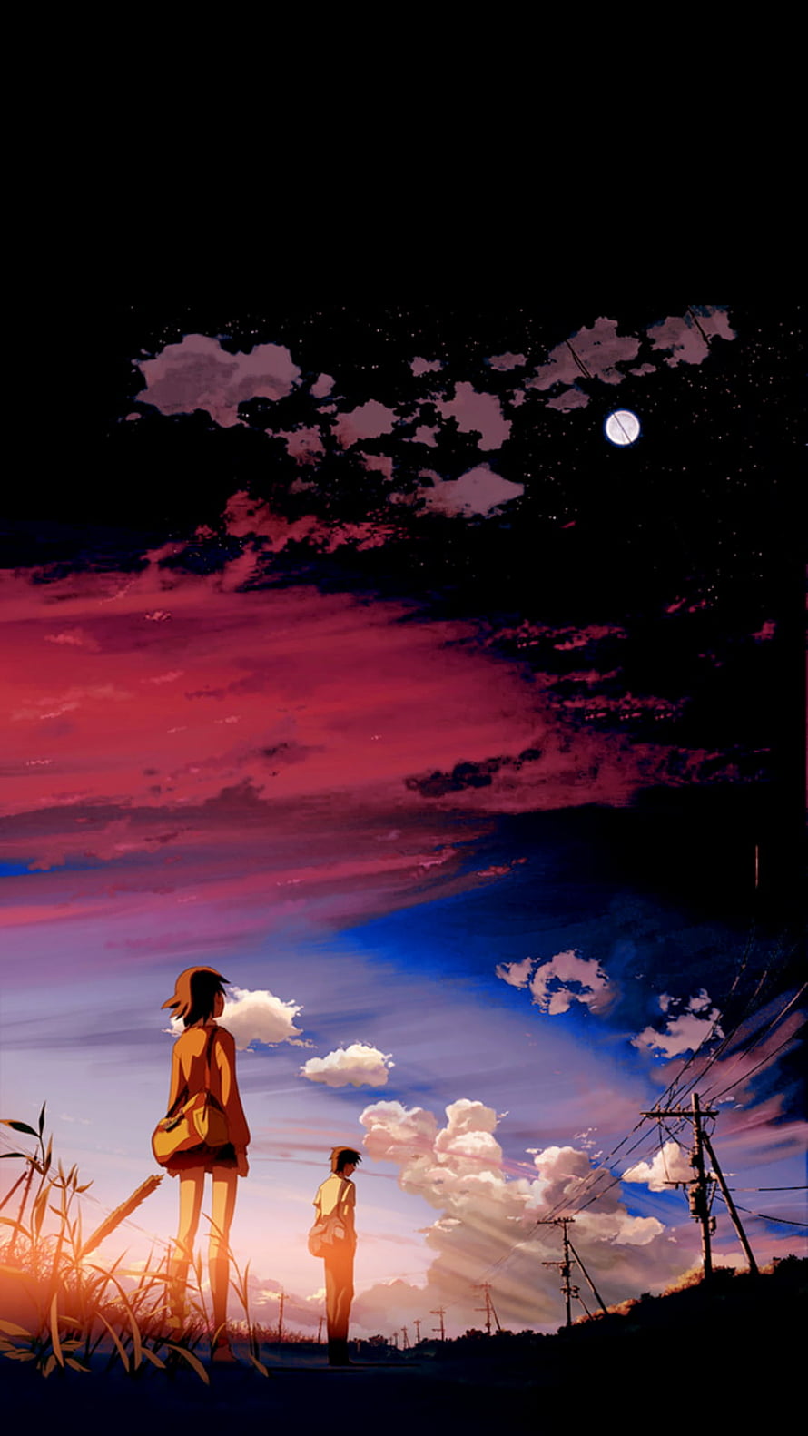 Two Figures Gazing at a Vibrant Sunset Sky in Centimeters Per Second Anime Style HD phone wallpaper