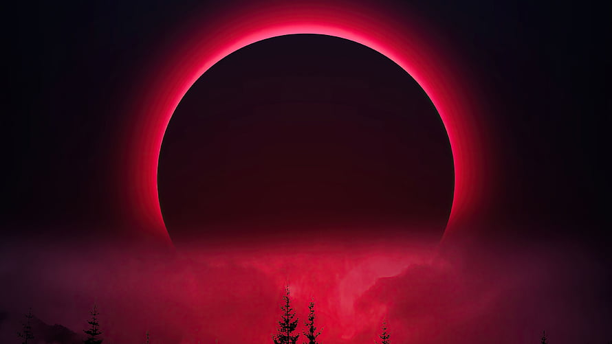 Dramatic Blood Moon Eclipse Over Dark Forest Silhouette HD wallpaper