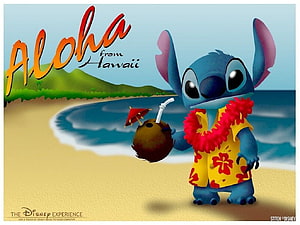 Stitch in Hawaiian Shirt and Lei Holding Coconut Drink on Tropical Beach HD wallpaper