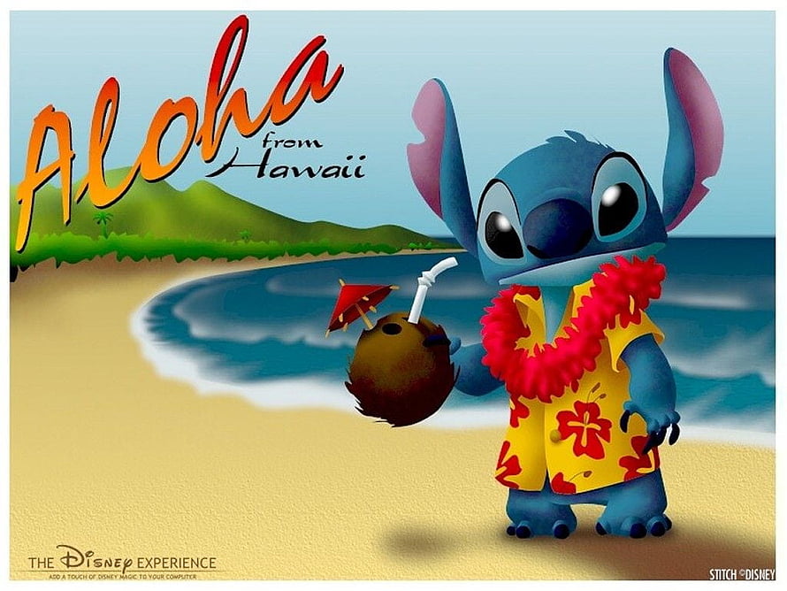 Stitch in Hawaiian Shirt and Lei Holding Coconut Drink on Tropical Beach HD wallpaper