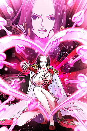 Boa Hancock from One Piece in a dramatic pink energy pose with heart motifs HD phone wallpaper