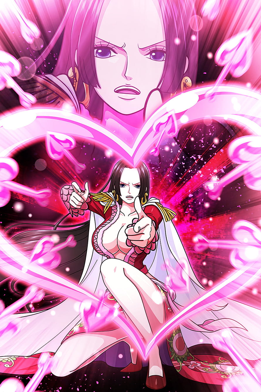 Boa Hancock from One Piece in a dramatic pink energy pose with heart motifs HD phone wallpaper