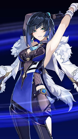 Yelan from Genshin Impact in a dynamic pose with white feathered cloak and blue outfit HD phone wallpaper