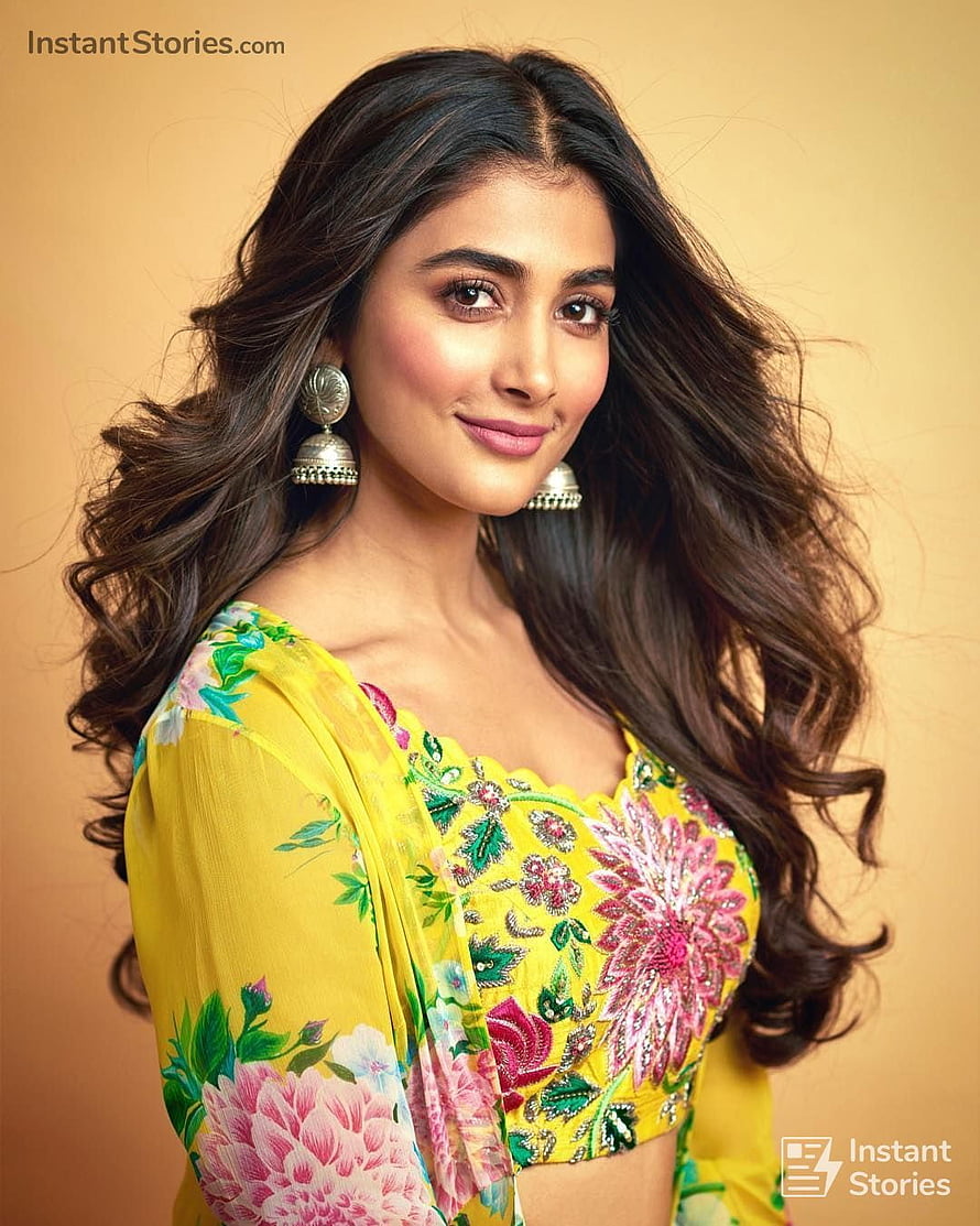 Pooja Hegde in Vibrant Yellow Floral Embroidered Traditional Wear HD phone wallpaper
