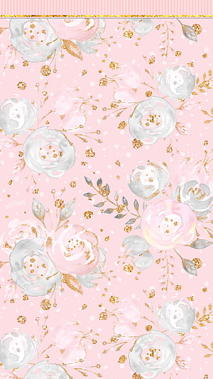 Watercolor Rose and Gold Glitter Floral Pattern on Soft Pink Background HD phone wallpaper